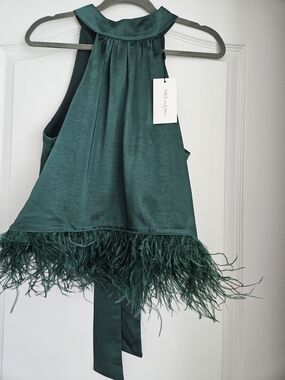 Vici Teal Satin Halter Top with Feather Trim